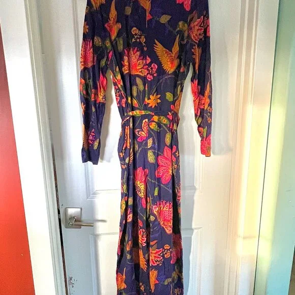 Anthropologie Farm Rio Size L Jumpsuit Tie-Waist Blue Floral Bird Motif